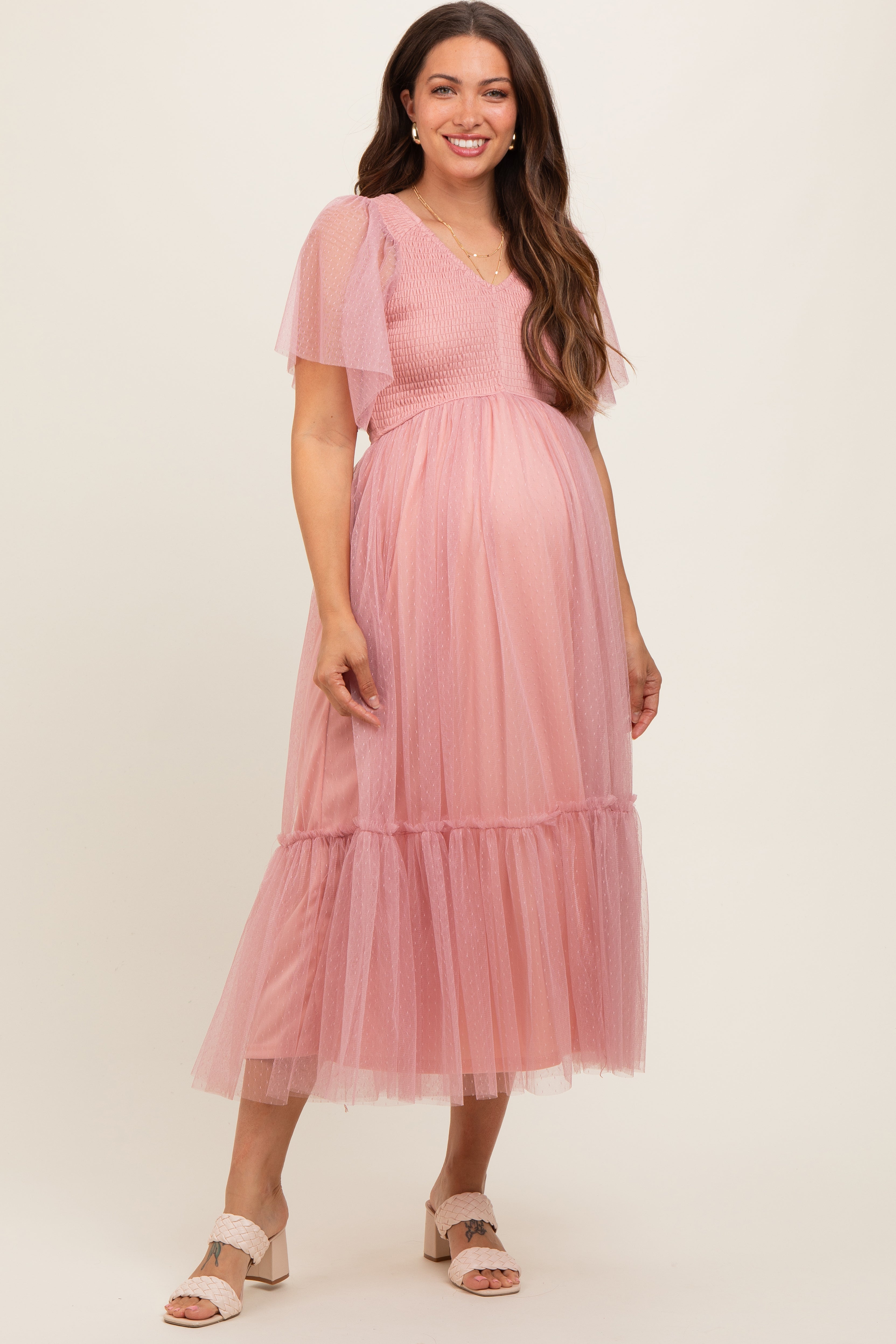 Mauve Dotted Tulle Smocked Maternity Midi Dress PinkBlush