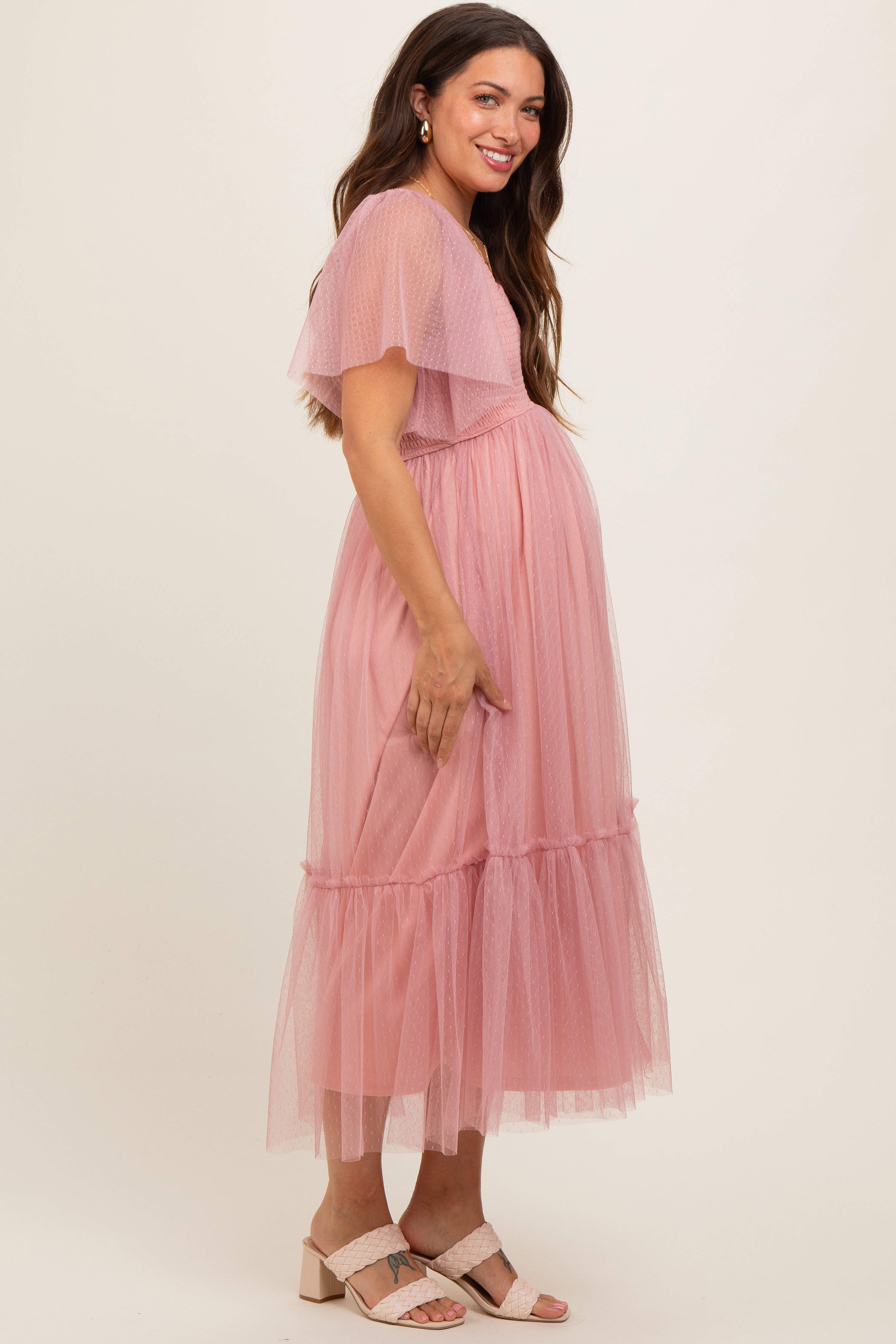 Mauve Dotted Tulle Smocked Maternity Midi Dress PinkBlush