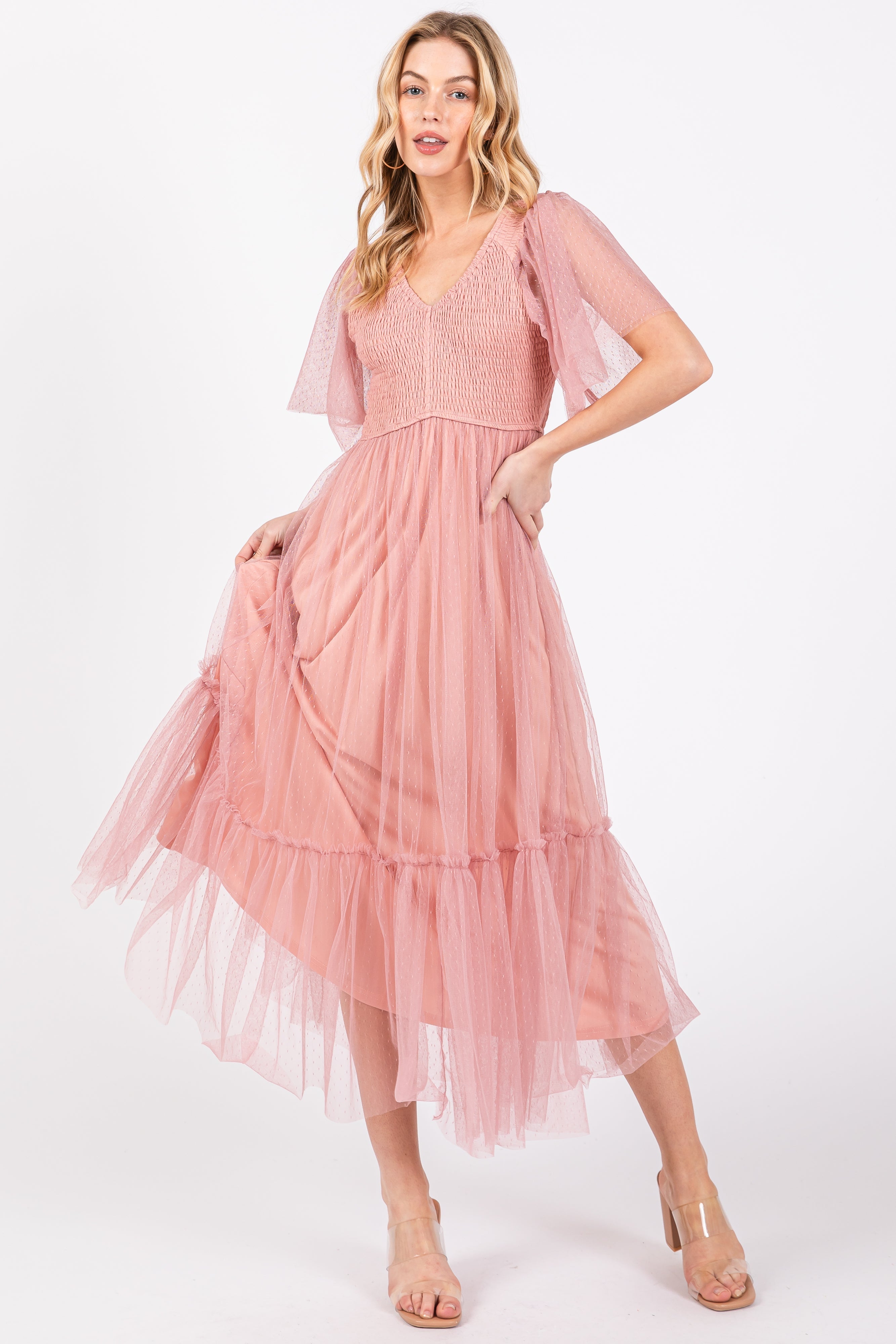 Mauve Dotted Tulle Smocked Maternity Midi Dress PinkBlush