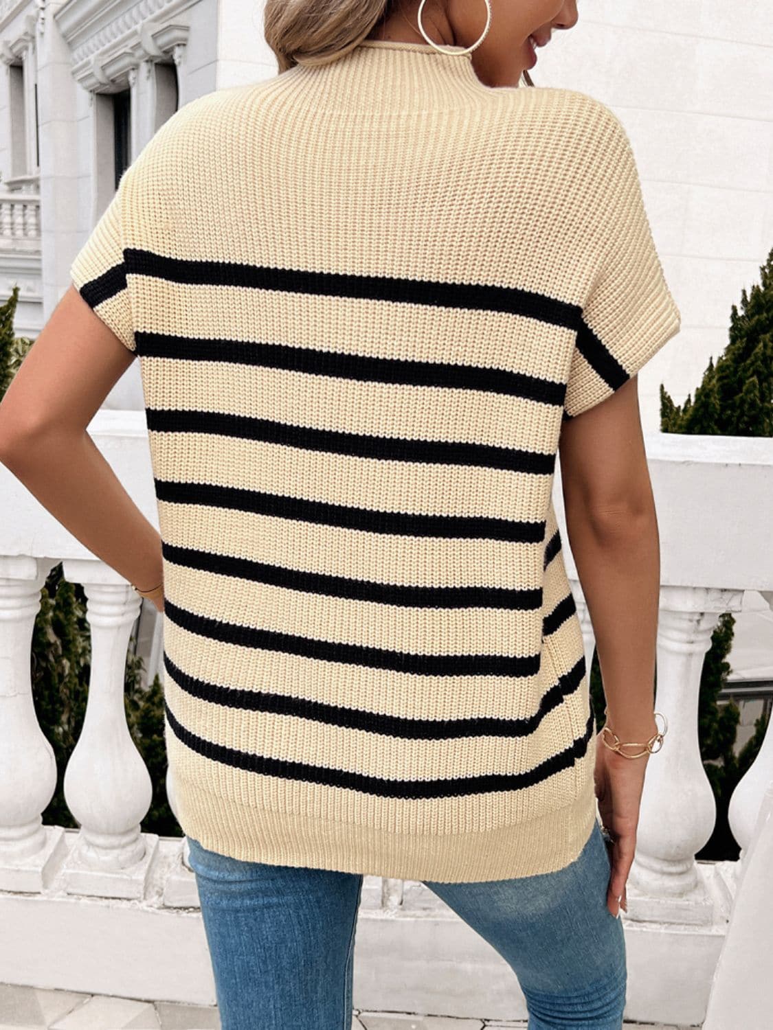 Striped Mock Neck Short Sleeve Sweater.