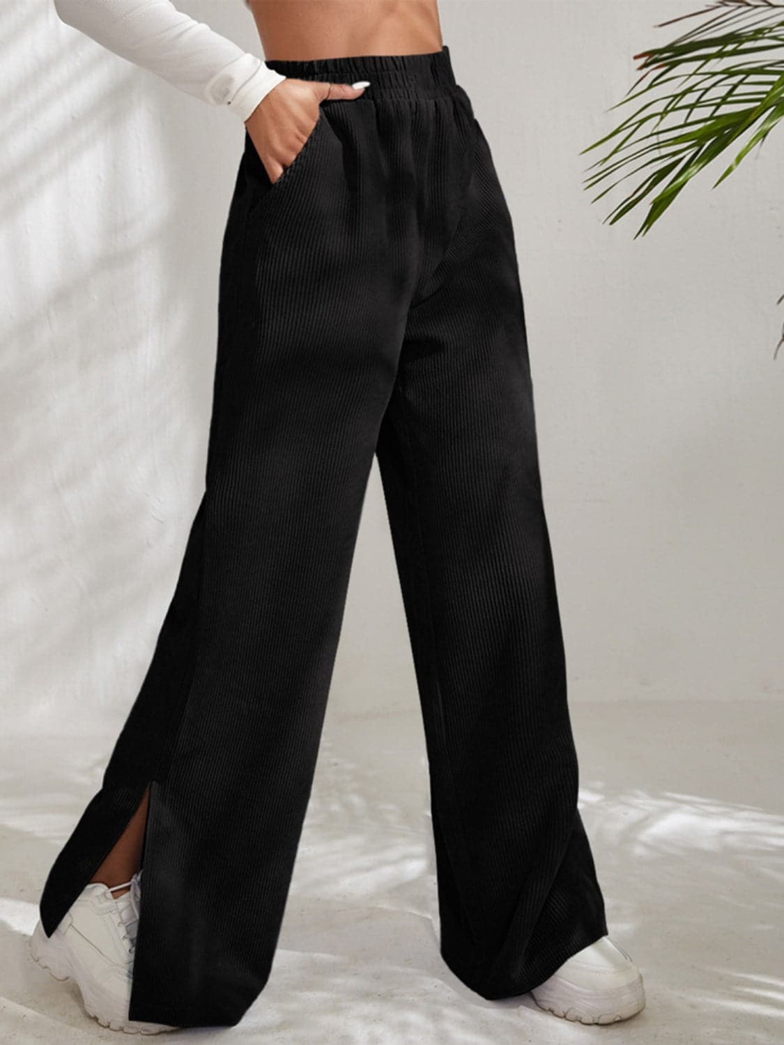 Slit Pocketed High Waist Wide Leg Pants.