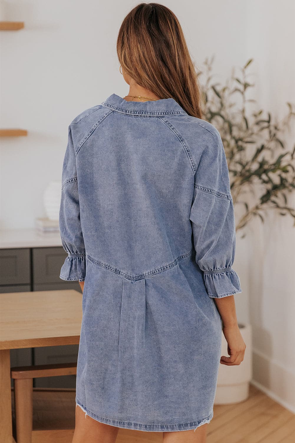 Collared Neck Flounce Sleeve Denim Mini Dress.