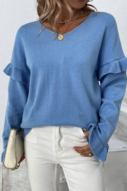 V-Neck Ruffle Trim Long Sleeve Sweater.