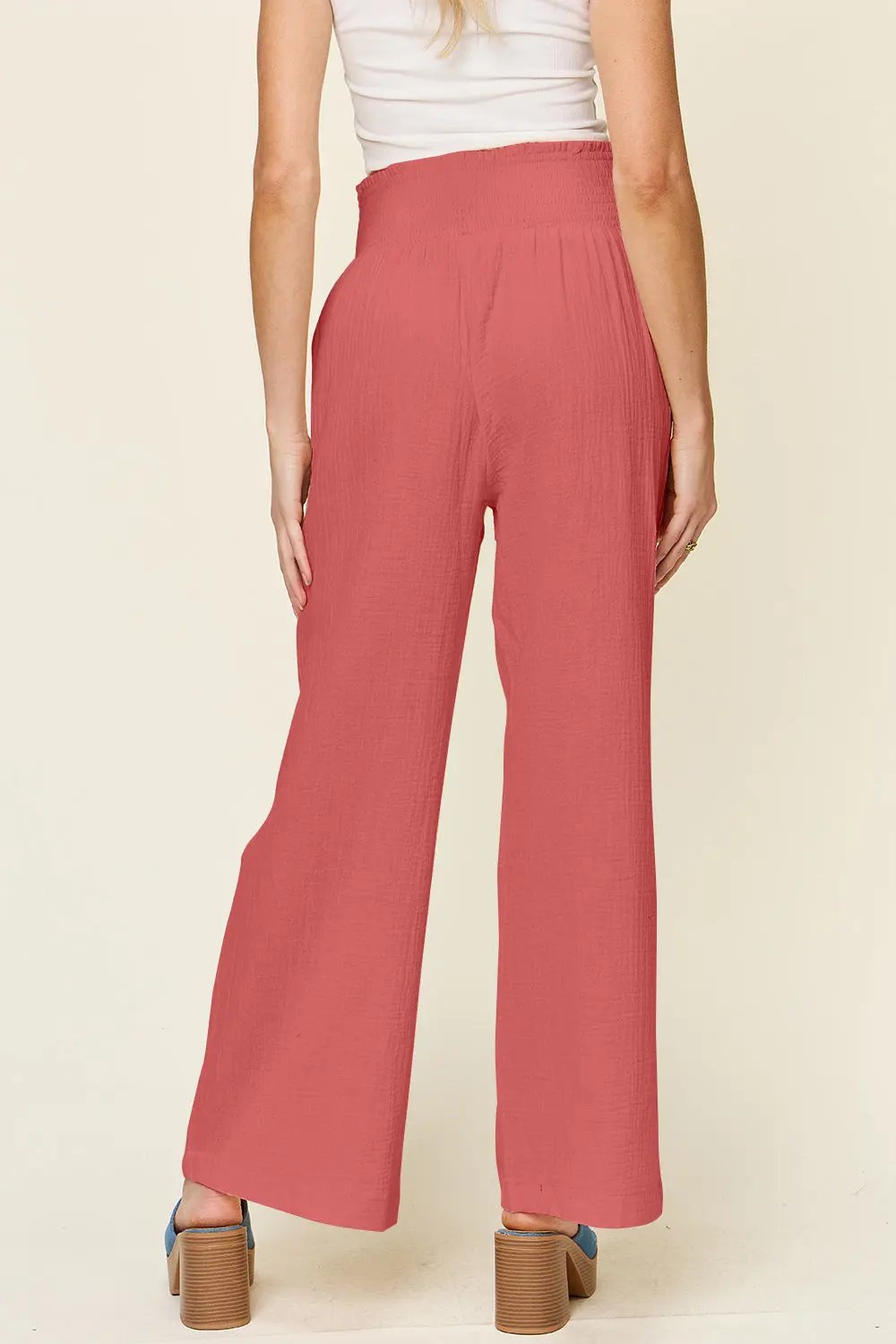 Double Take Full Size Texture Smocked Waist Wide Leg Pants - Love Salve