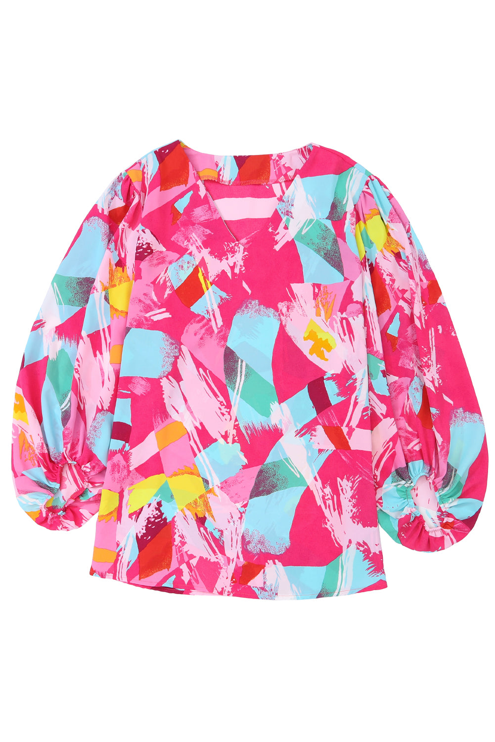 Vibrant pink plus size graffiti print blouse with split neck and puff sleeves