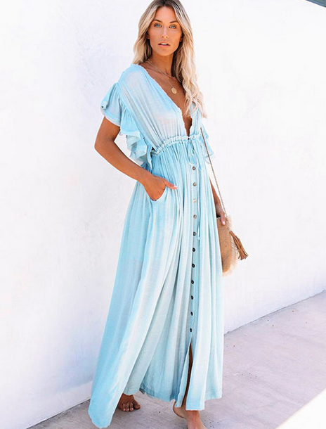 Single Breasted Waist Pull-Belt Beach Cover-up Sexy Backless Holiday Skirt Bikini Swimsuit Blouse Bella Mia