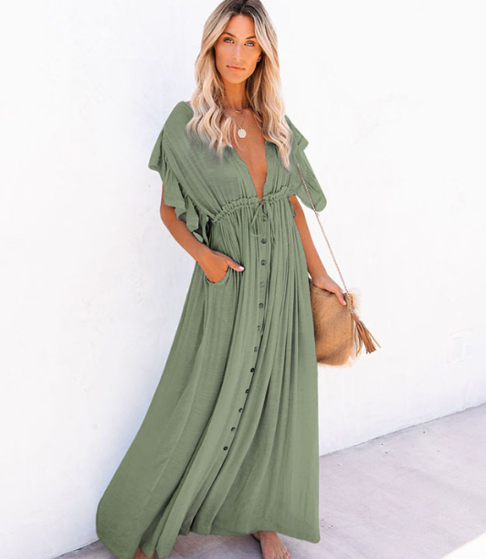 Single Breasted Waist Pull-Belt Beach Cover-up Sexy Backless Holiday Skirt Bikini Swimsuit Blouse Bella Mia