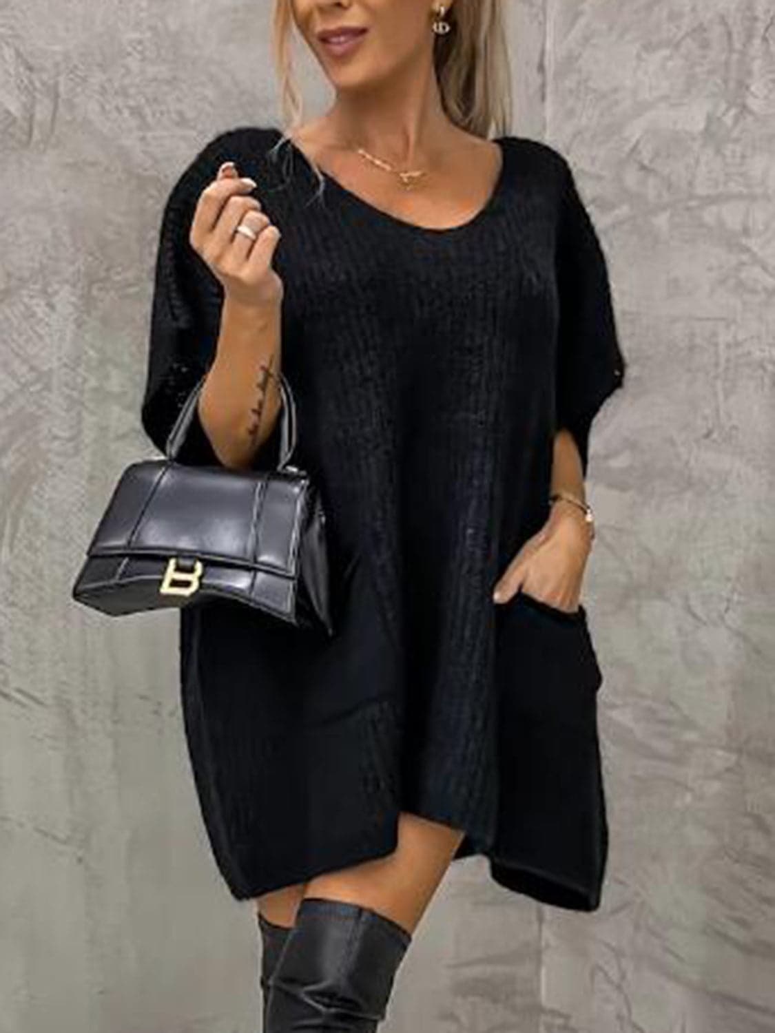 Short Sleeve Sweater Dress with Pockets.