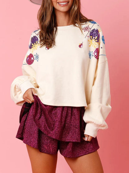 Sequin Round Neck Dropped Shoulder Sweatshirt.