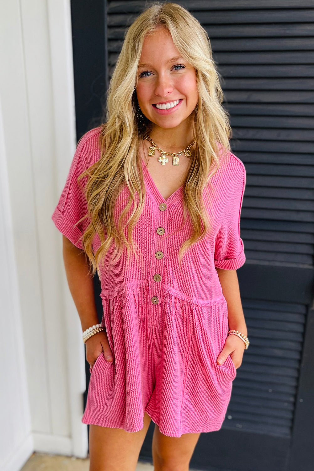 Bright Pink Spiral Ribbed Short Sleeve V Neck Buttoned Romper with Pocket Love Salve