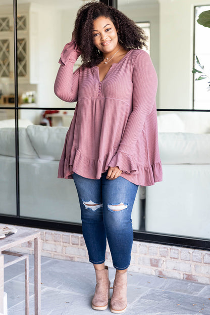 Chic pink plus size ruffled babydoll top in waffle knit