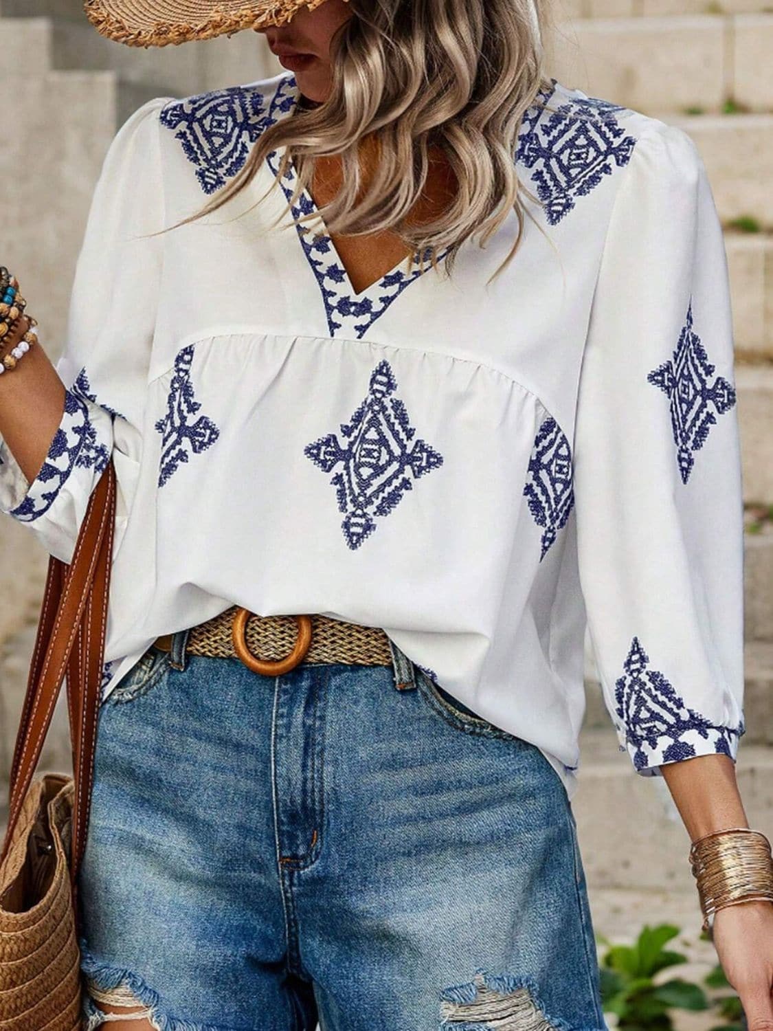 Printed V-Neck Three-Quarter Sleeve Blouse.