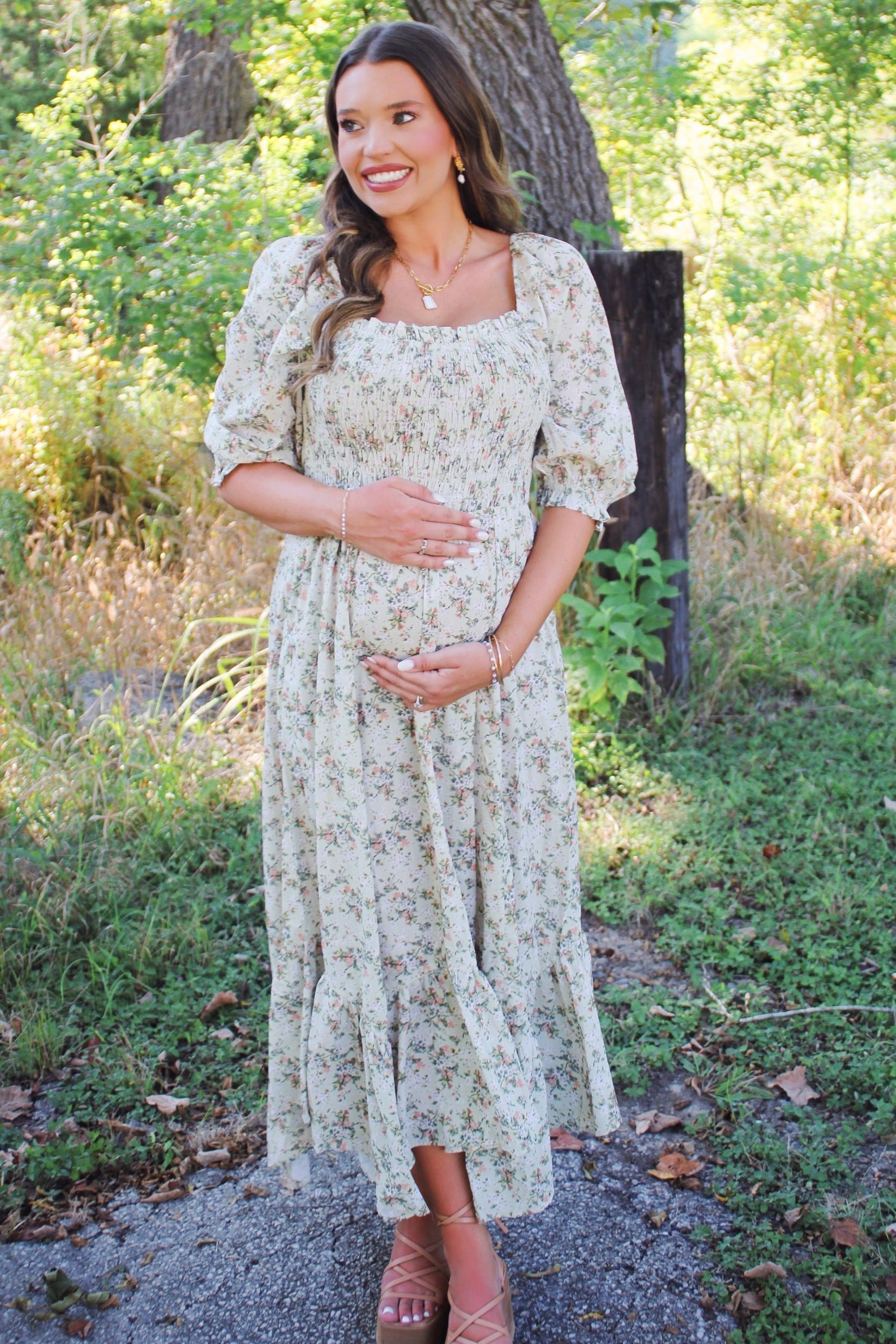 Light Olive Smocked Handkerchief Hem Maternity Dress PinkBlush