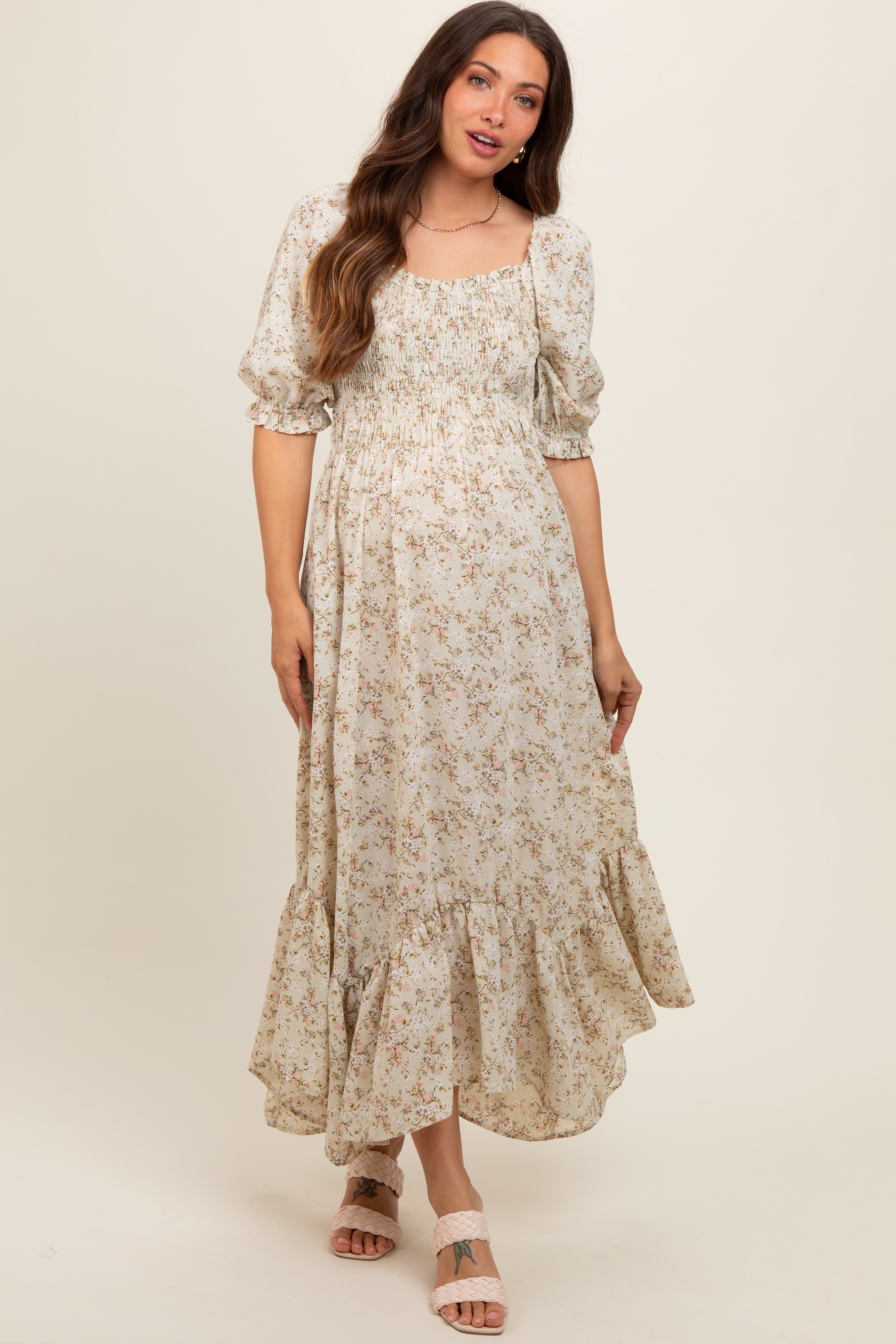 Light Olive Smocked Handkerchief Hem Maternity Dress PinkBlush