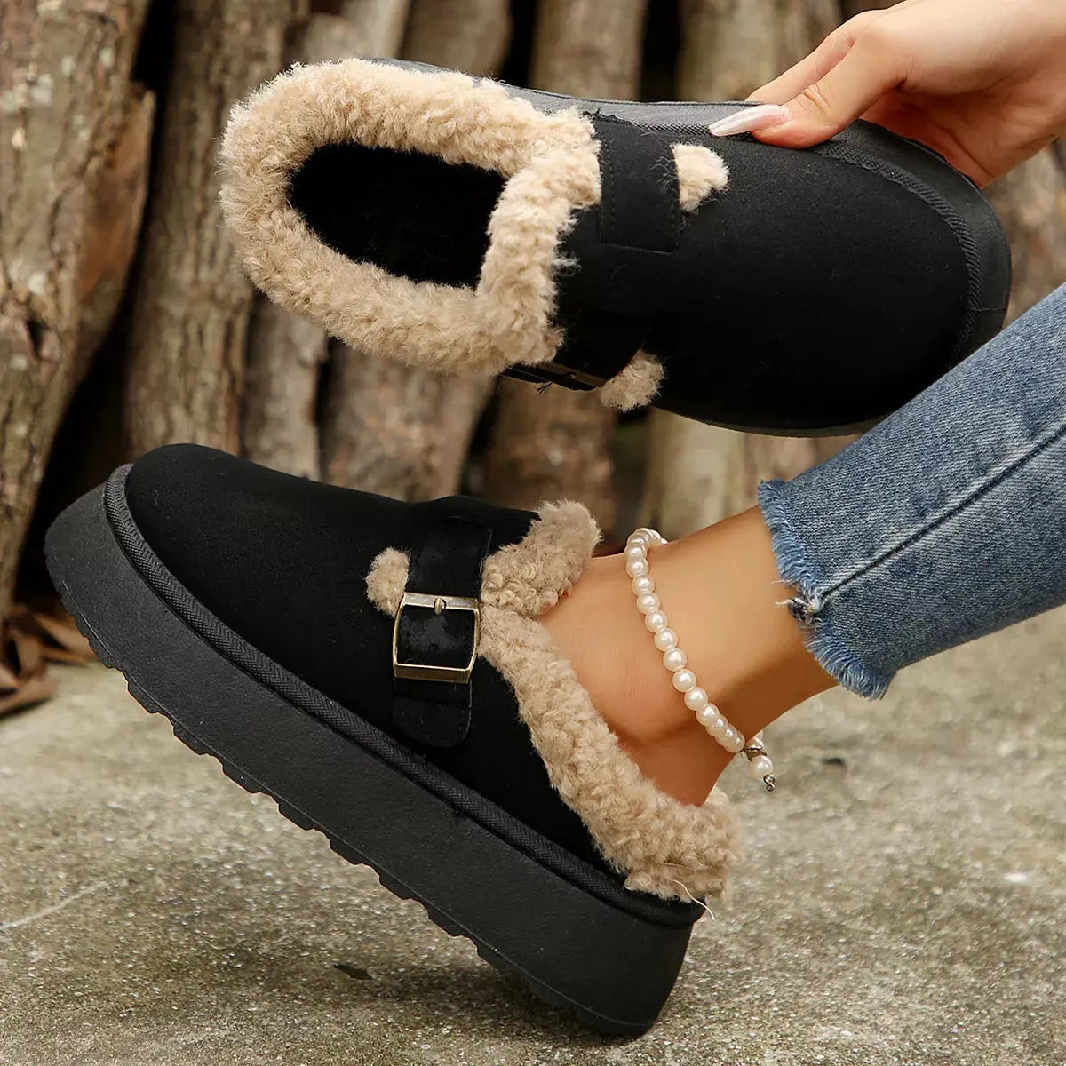 Fuzzy Trim Buckle Platform Slippers Simply Love