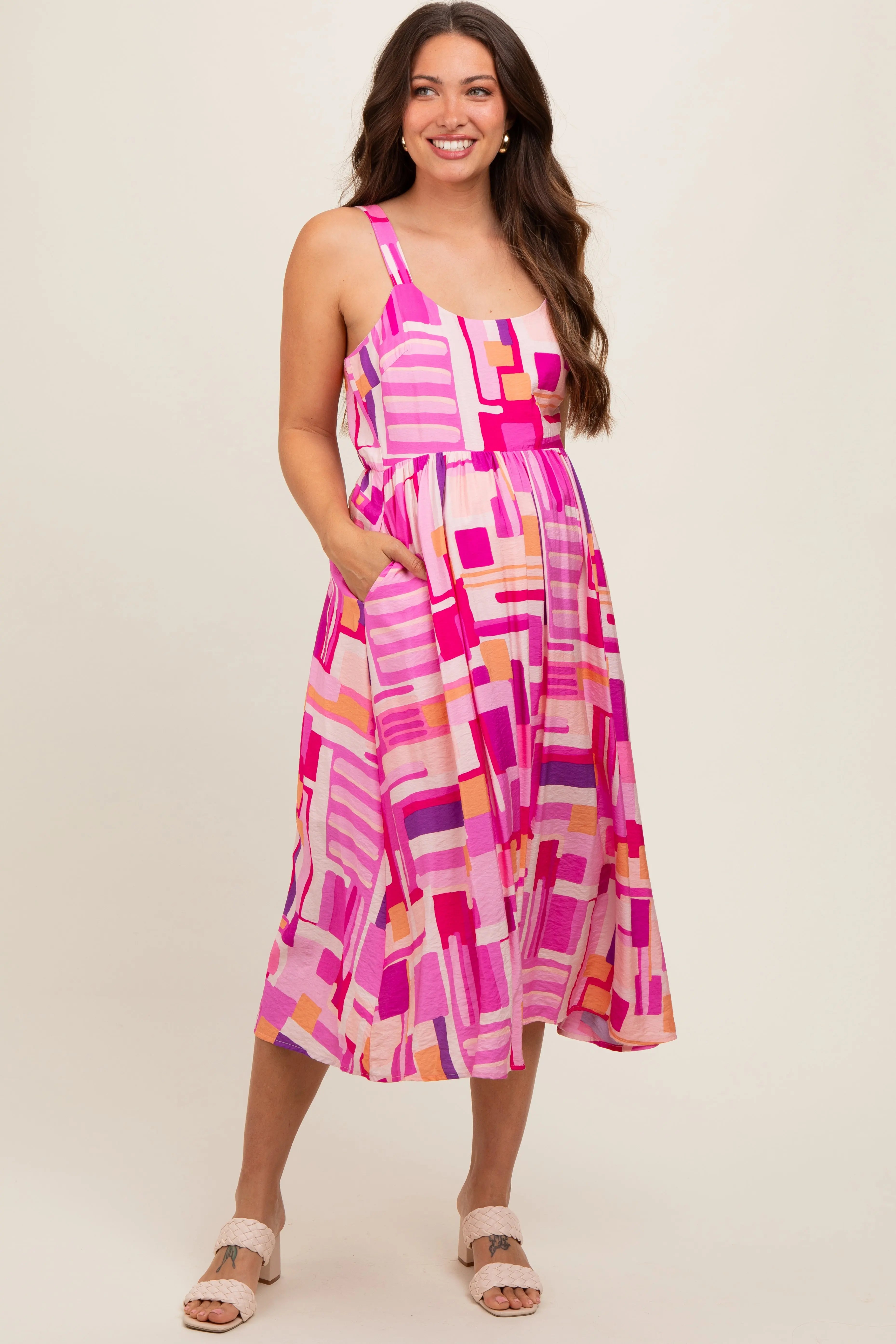 Fuchsia Geo Printed Cut Out Back Detail Maternity Midi Dress PinkBlush