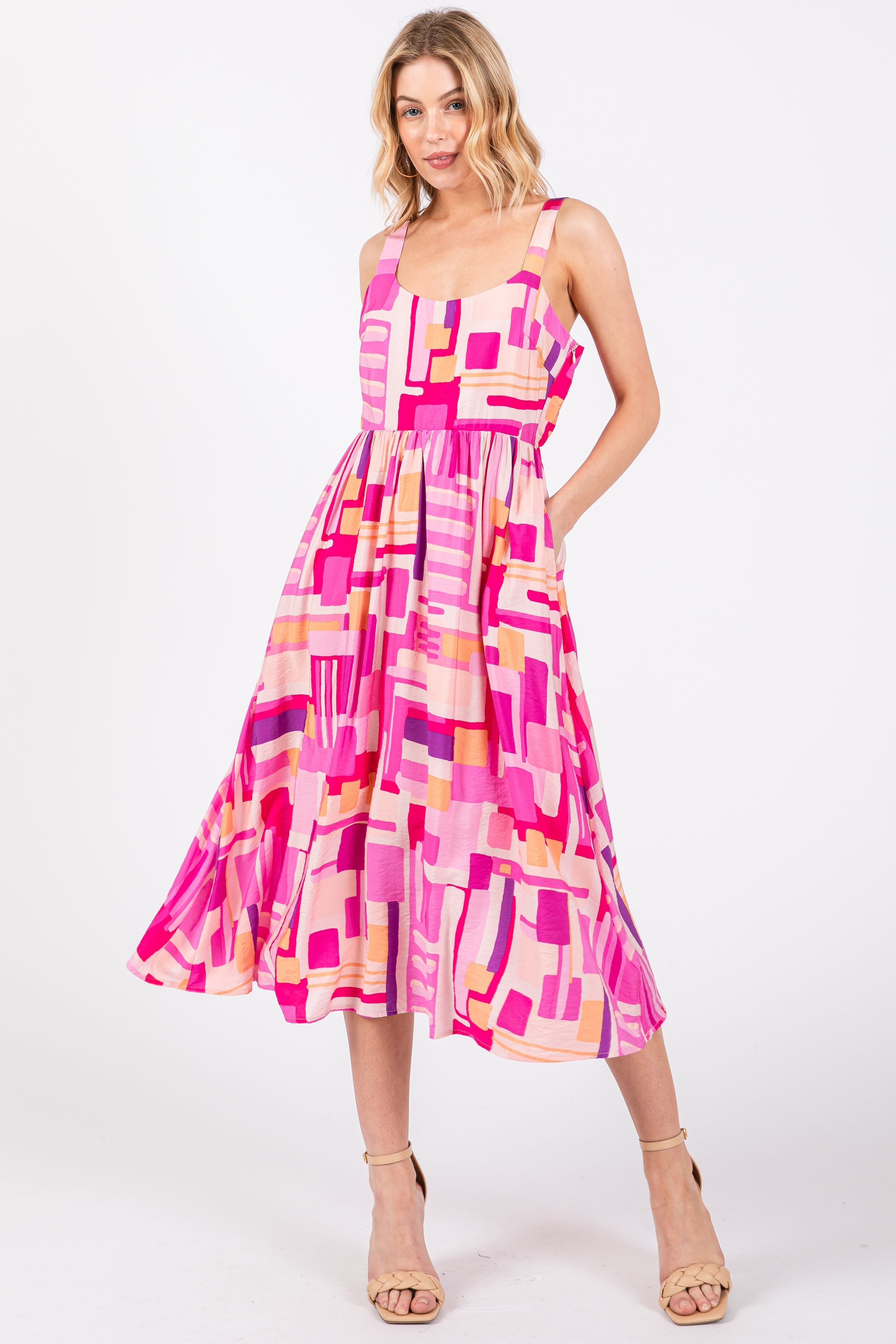 Fuchsia Geo Printed Cut Out Back Detail Midi Dress PinkBlush