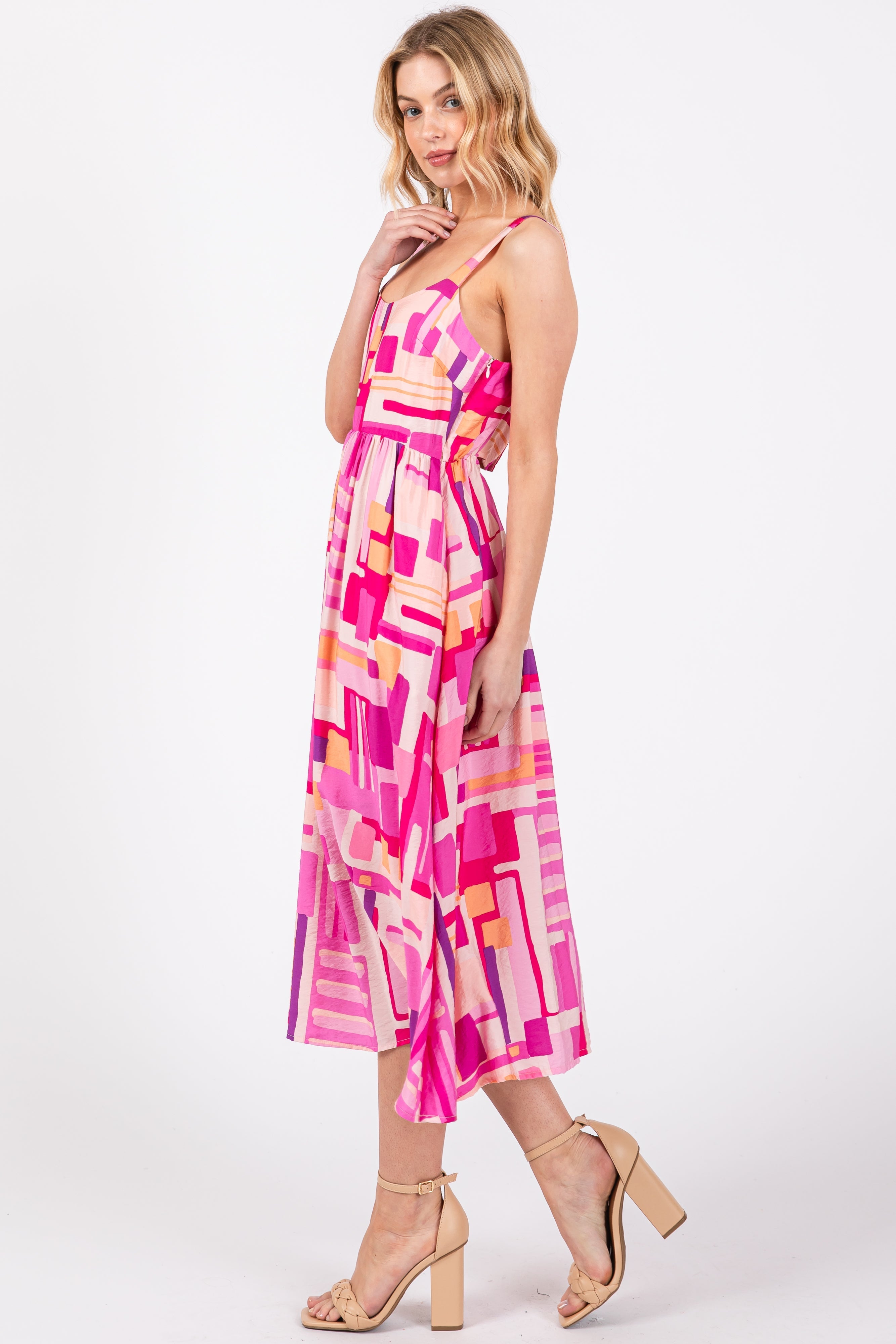 Fuchsia Geo Printed Cut Out Back Detail Midi Dress PinkBlush