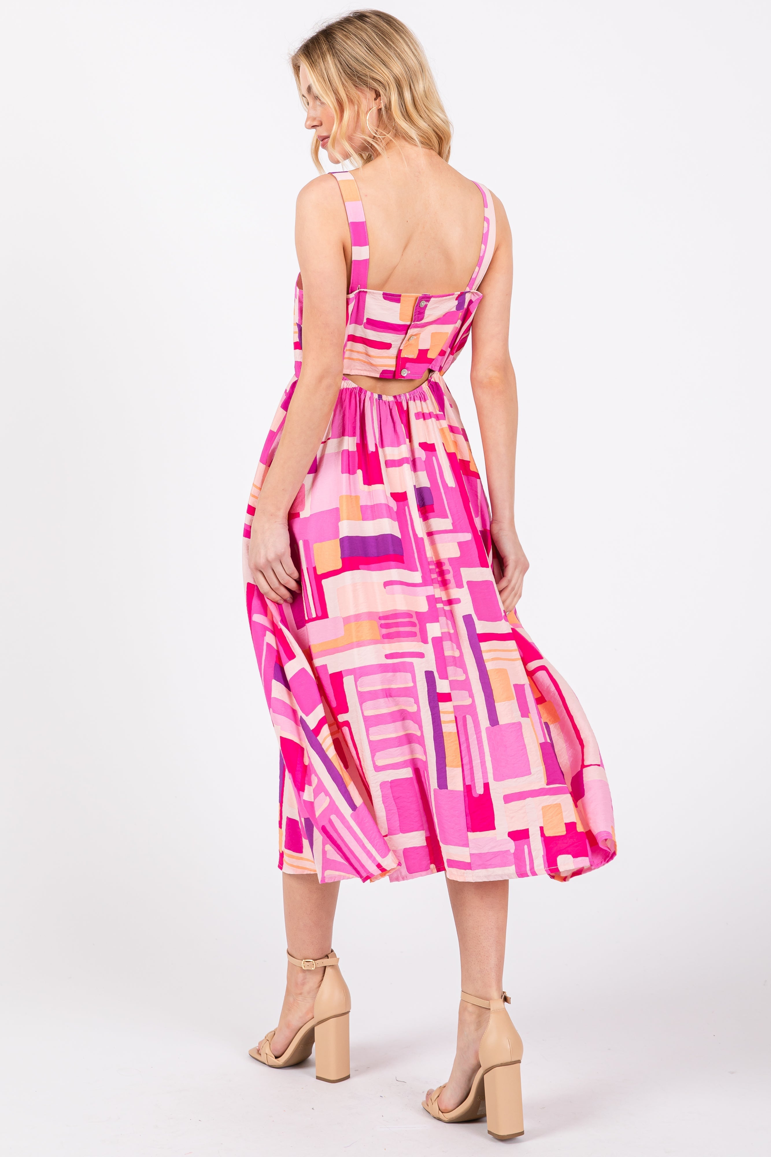 Fuchsia Geo Printed Cut Out Back Detail Midi Dress PinkBlush