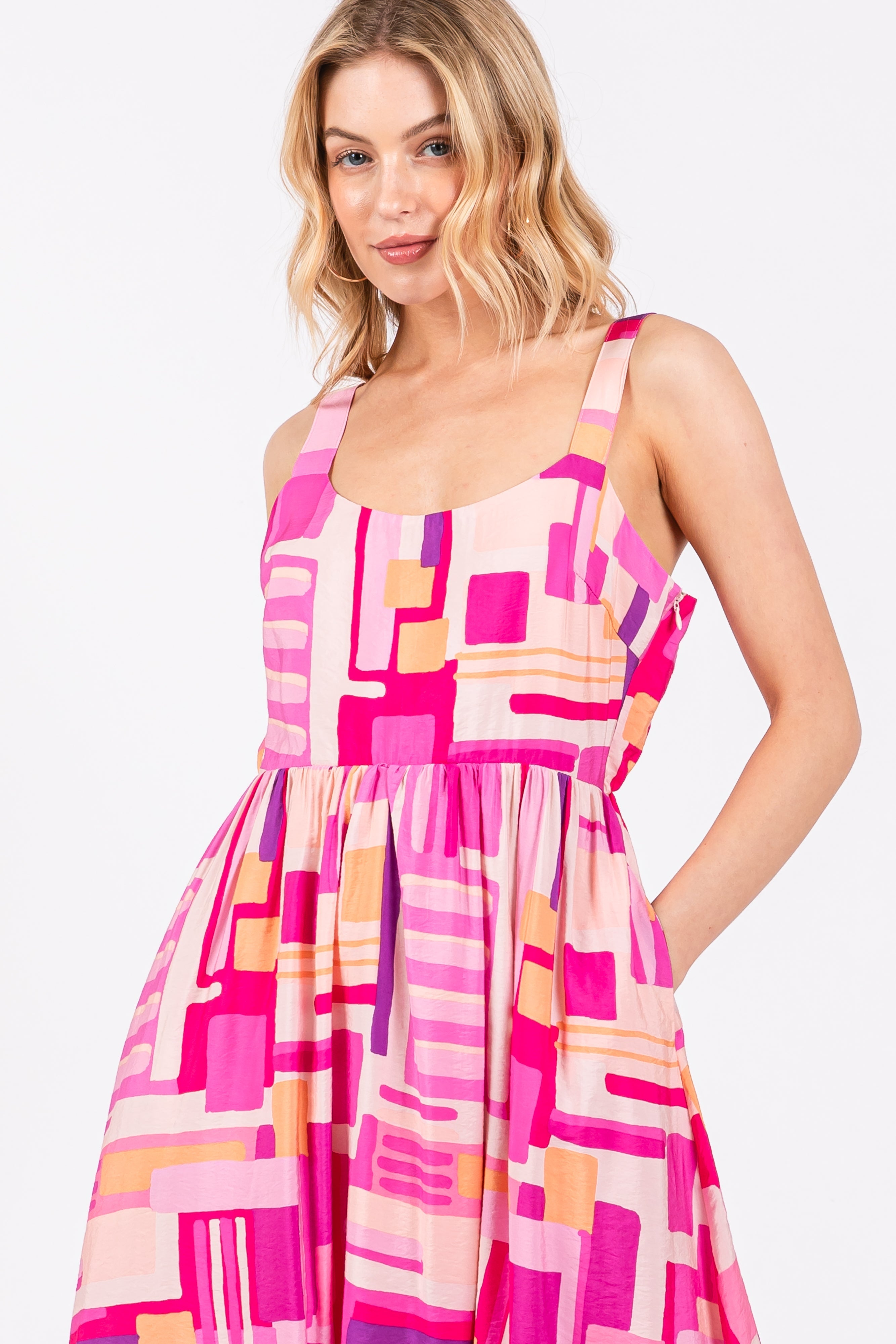 Fuchsia Geo Printed Cut Out Back Detail Midi Dress PinkBlush