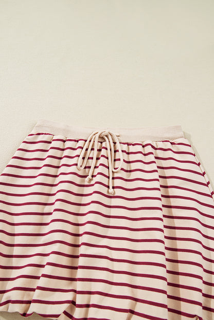 Red Stripe Cropped Collared Pullover and Bubble Mini Skirt