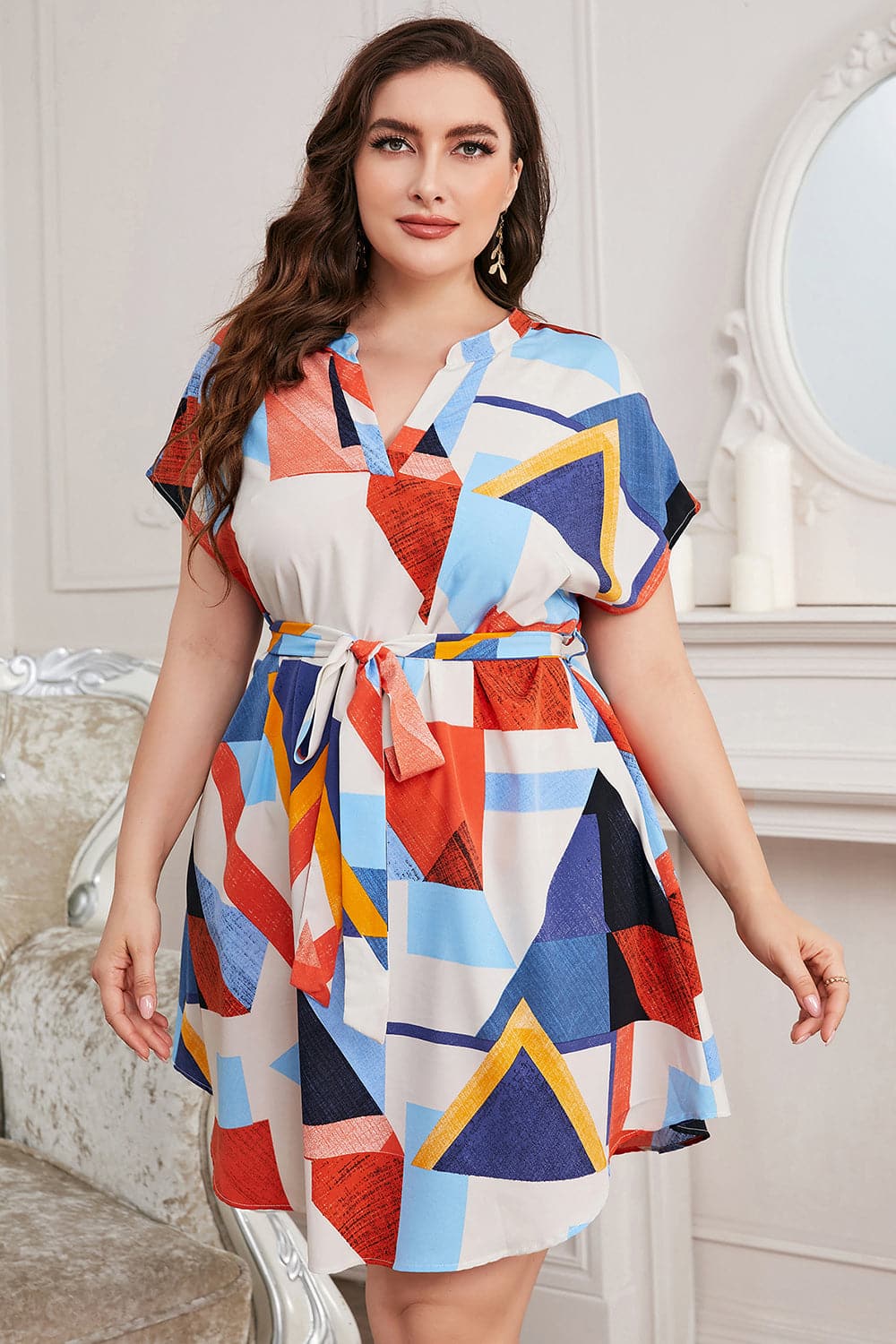 Plus Size Notched Neck Tie Waist Dress.