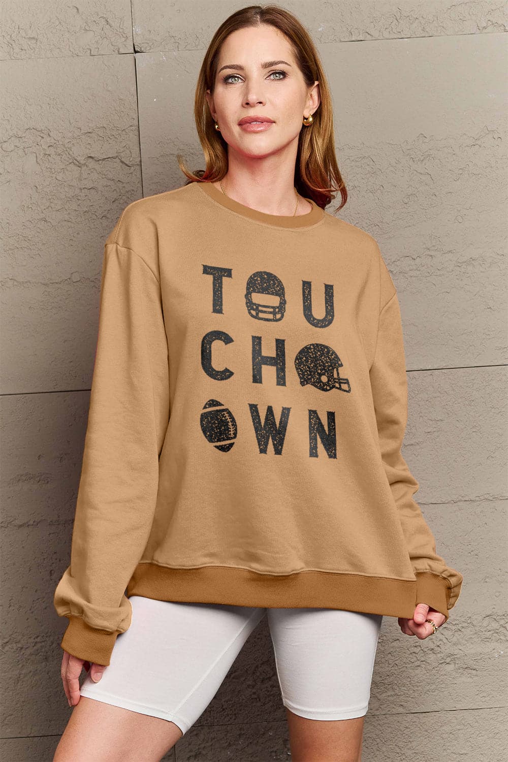 Simply Love Full Size TOUCHDOWN Long Sleeve Sweatshirt.