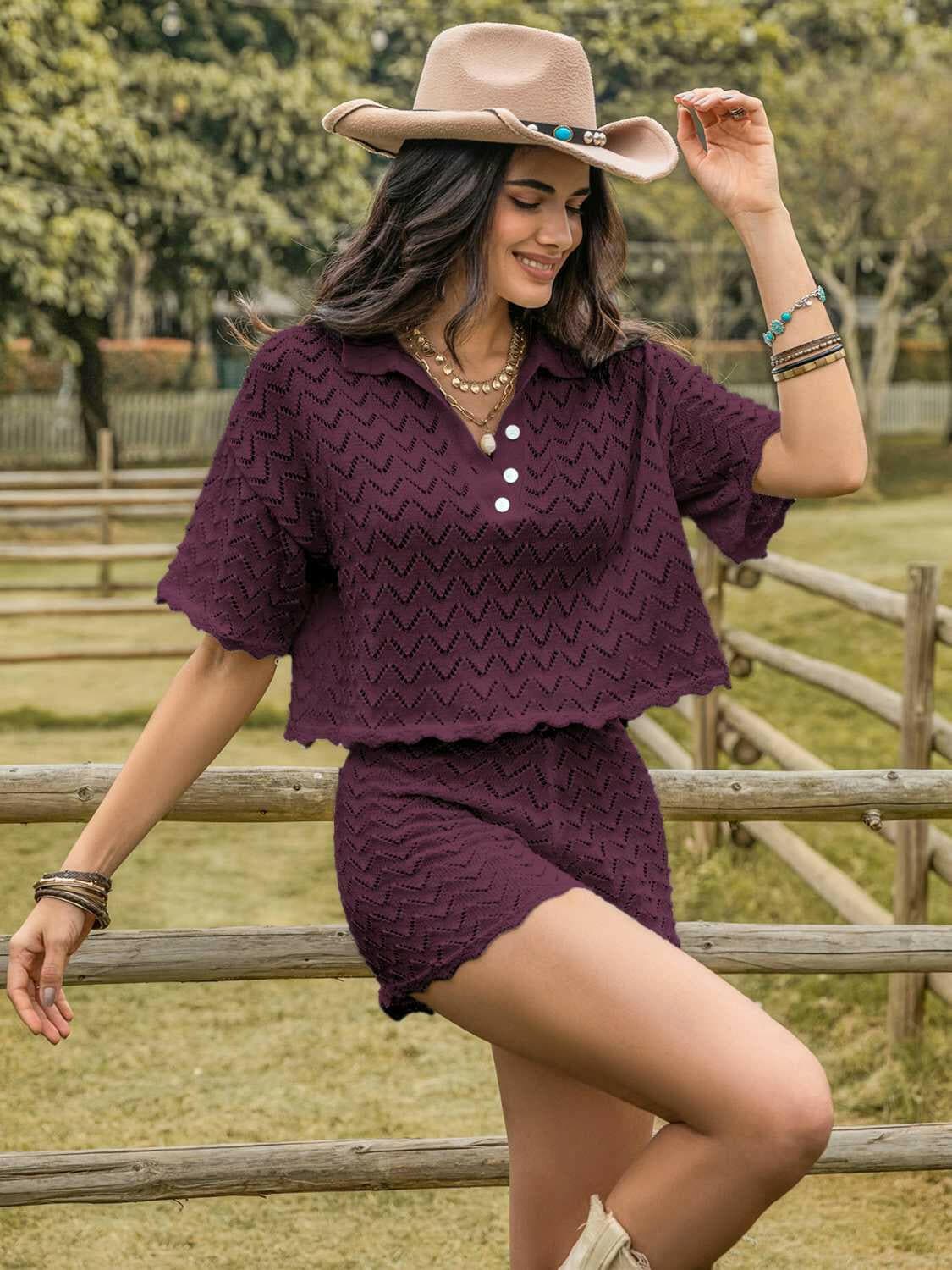 Eyelet Collared Neck Short Sleeve Top and Shorts Set.