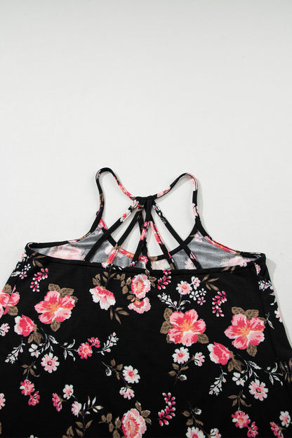 Chic black floral strappy tank top with daring back design