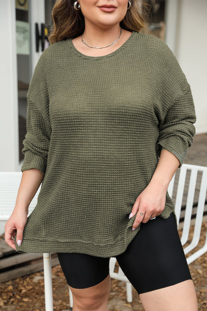 Chic moss green plus size textured knit top with long sleeves