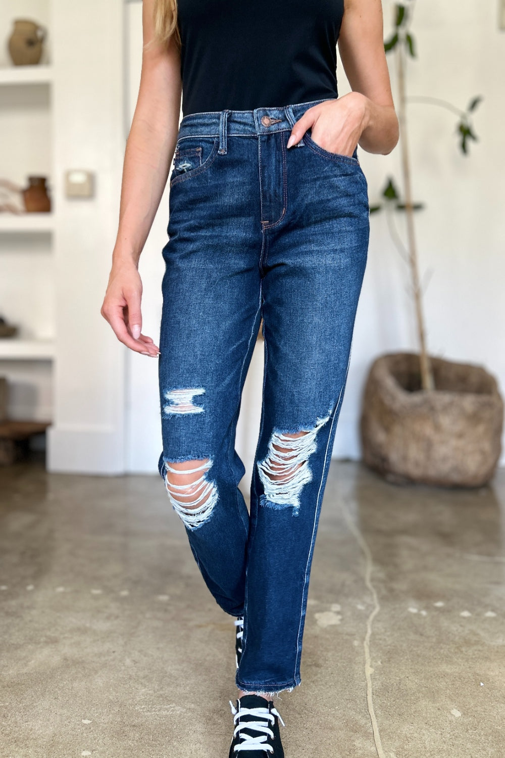 Judy Blue Full Size High Waist Rigid Magic Heavy Destroy Straight Jeans Coco’s Tee Boutique