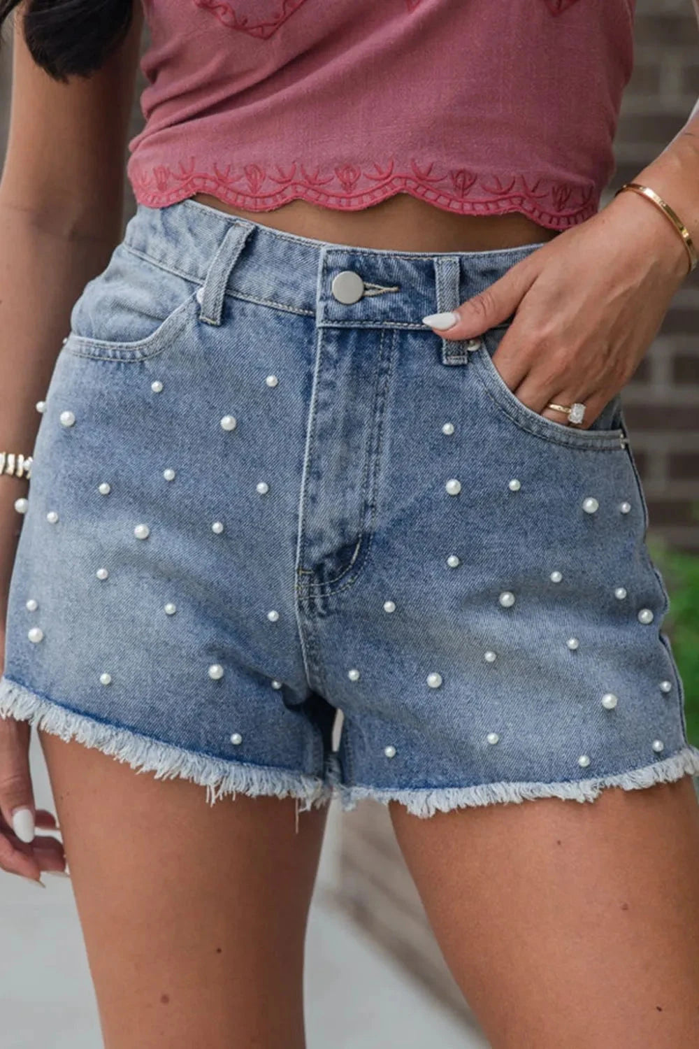 Pearl Beaded Raw Hem Wash Denim Shorts Simply Love