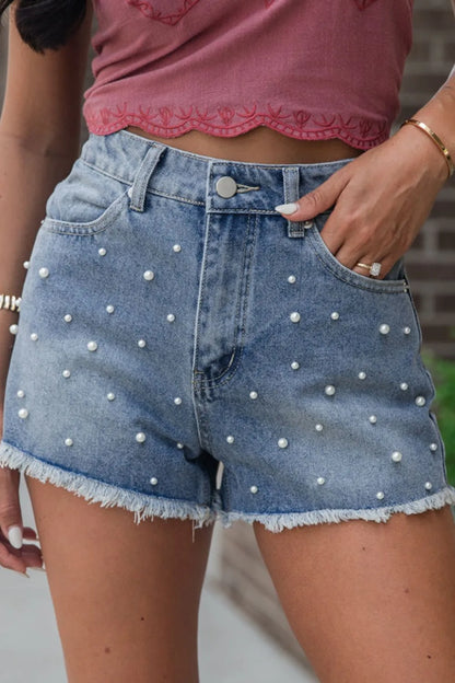 Pearl Beaded Raw Hem Wash Denim Shorts