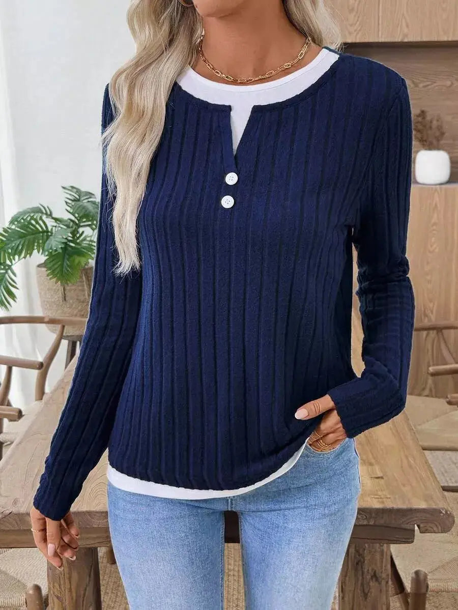 Ribbed Knit Long Sleeve Fake Two Piece T Shirt With Decorative Buttons Simply Love