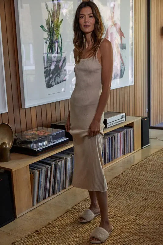Beige Square Neck Ribbed Sleeveless Midi Dress PinkBlush