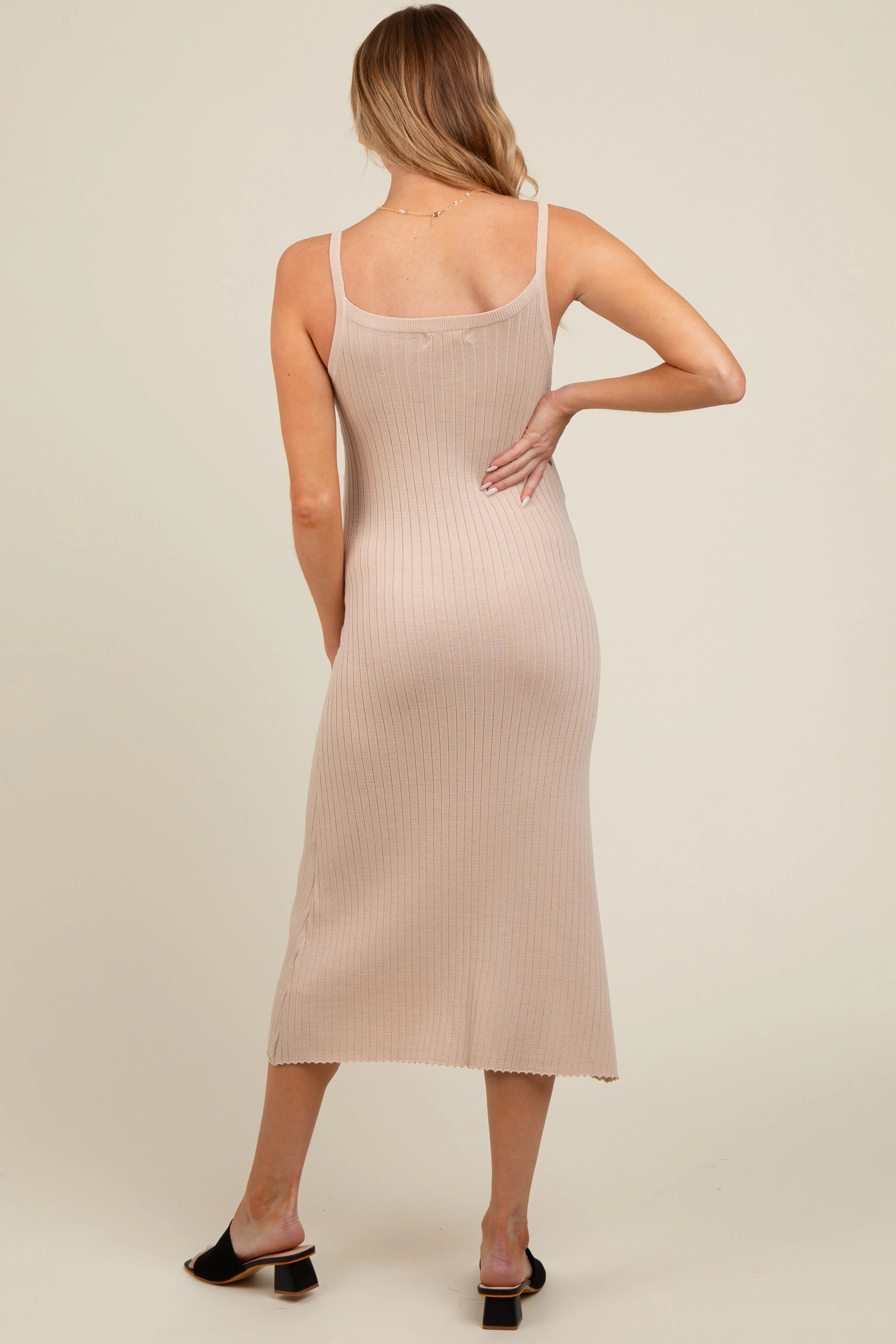 Beige Square Neck Ribbed Sleeveless Maternity Midi Dress PinkBlush