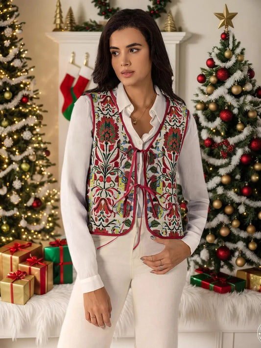Floral Embroidered Tie-Front Vest Coat Simply Love