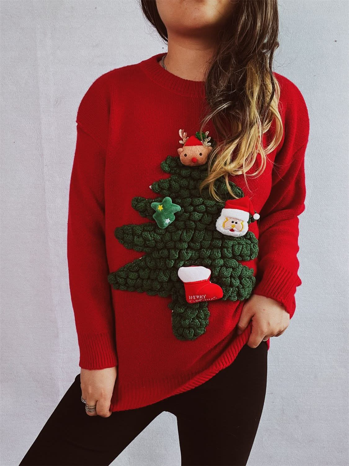 Festive Round Neck Long Sleeve Sweater for Christmas Celebrations