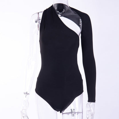 Sexy One-Shoulder Tight Bodysuit Spring Summer Street Office Milk Silk Bottoming Shirt
