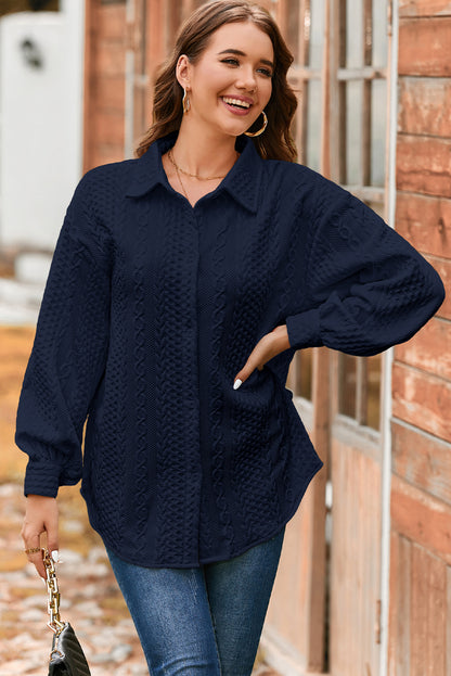 Navy Blue Cable Texture Puff Sleeve Loose Shacket Outfit