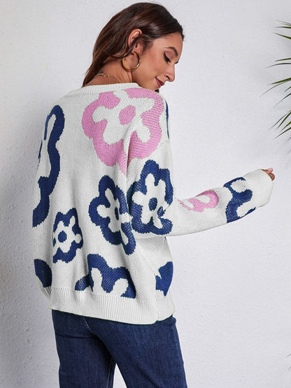 Flower Pattern Round Neck Long Sleeve Sweater.