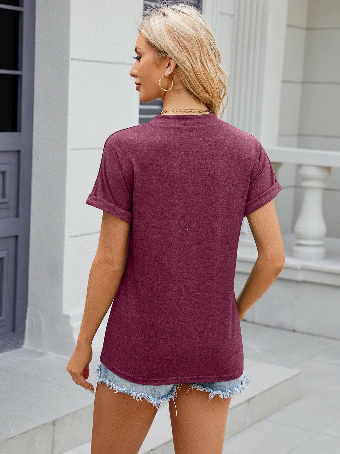 Decorative Button Notched Short Sleeve T-Shirt.