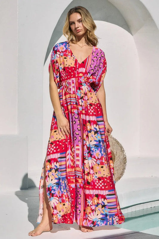Red Mixed Print Bell Sleeve Maxi Dress PinkBlush