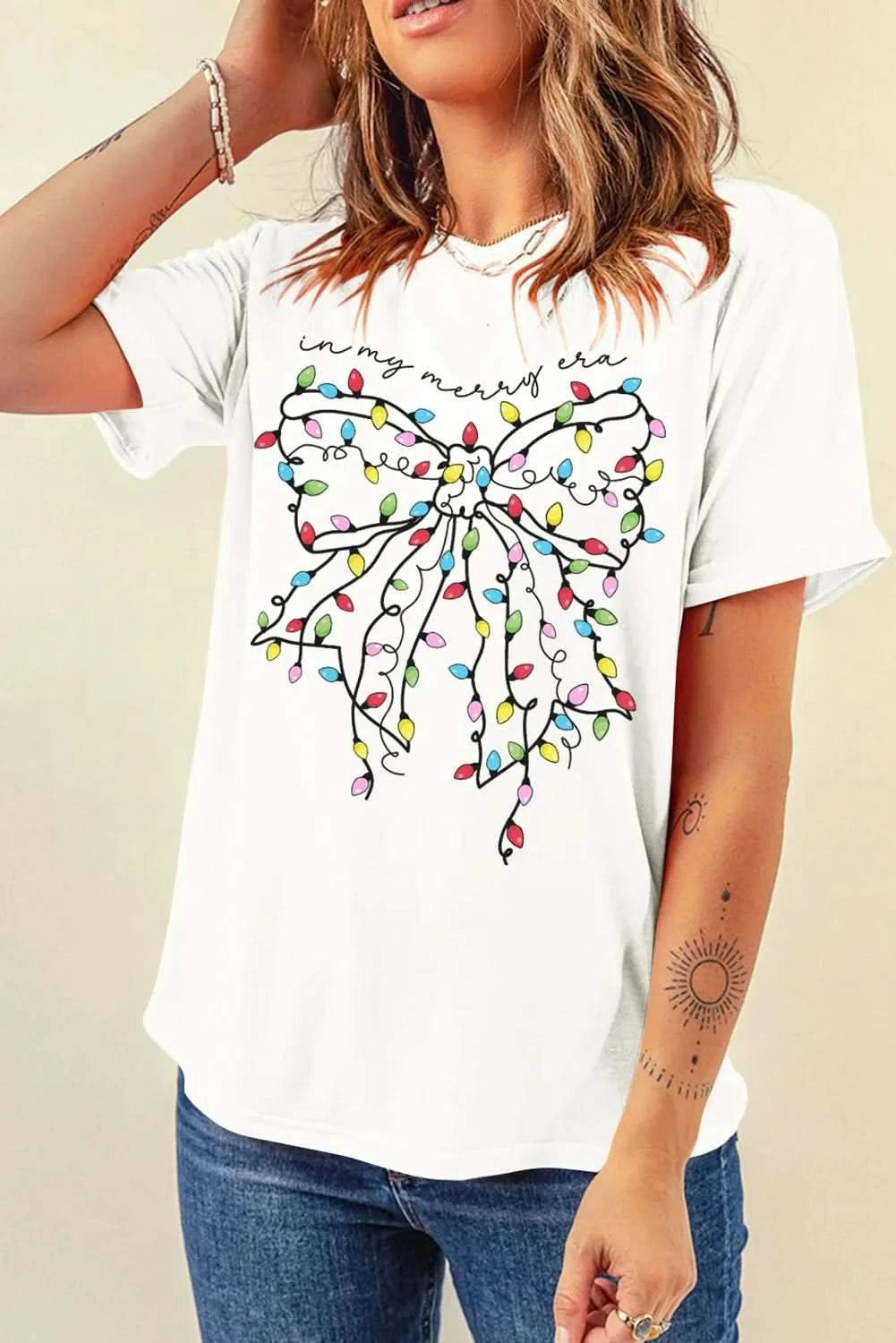 Full size bow round neck short sleeve t-shirt with colorful bow design.