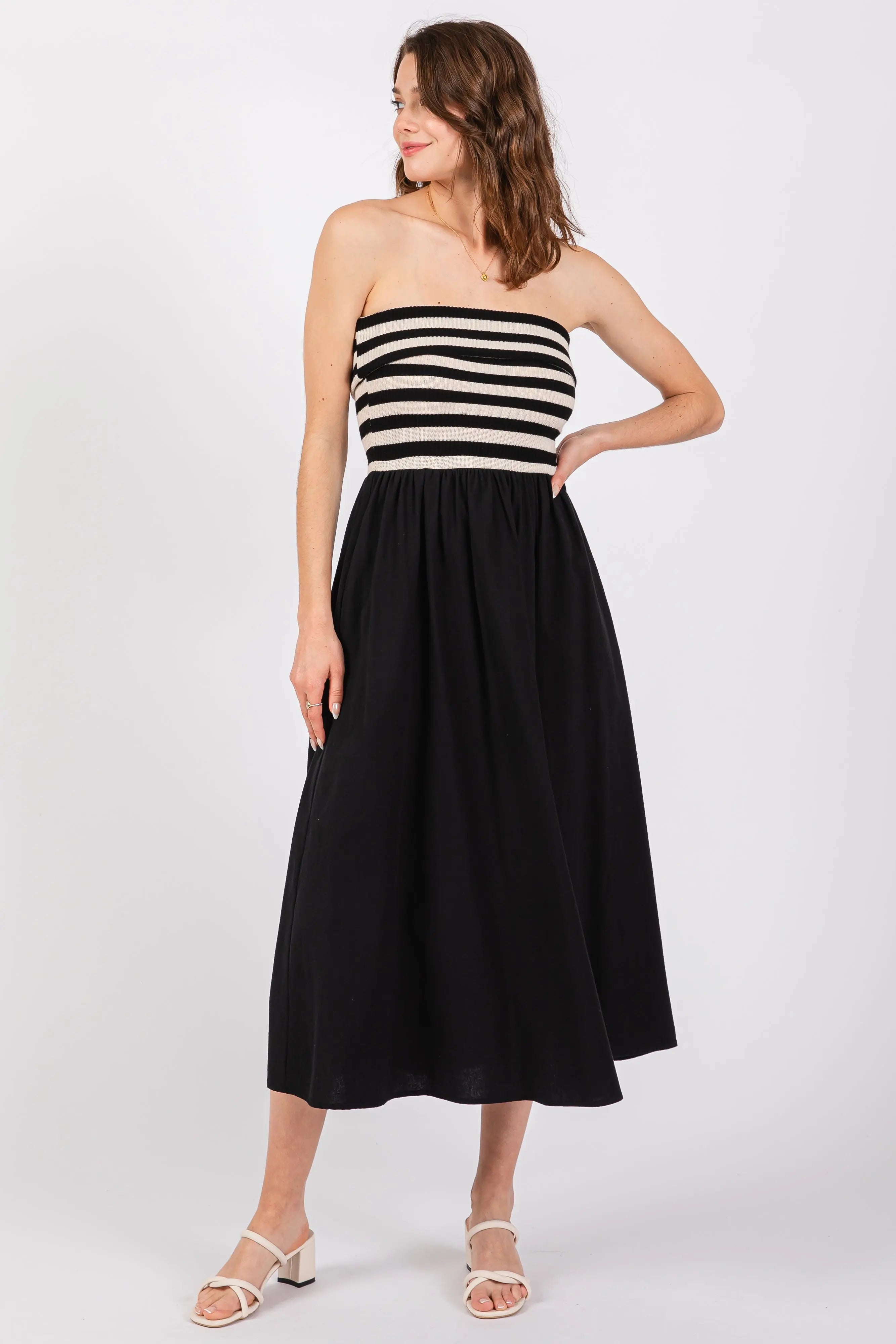 Black Strapless Maternity Dress Midi Length With Elastic Bandeau Top Final Sale PinkBlush