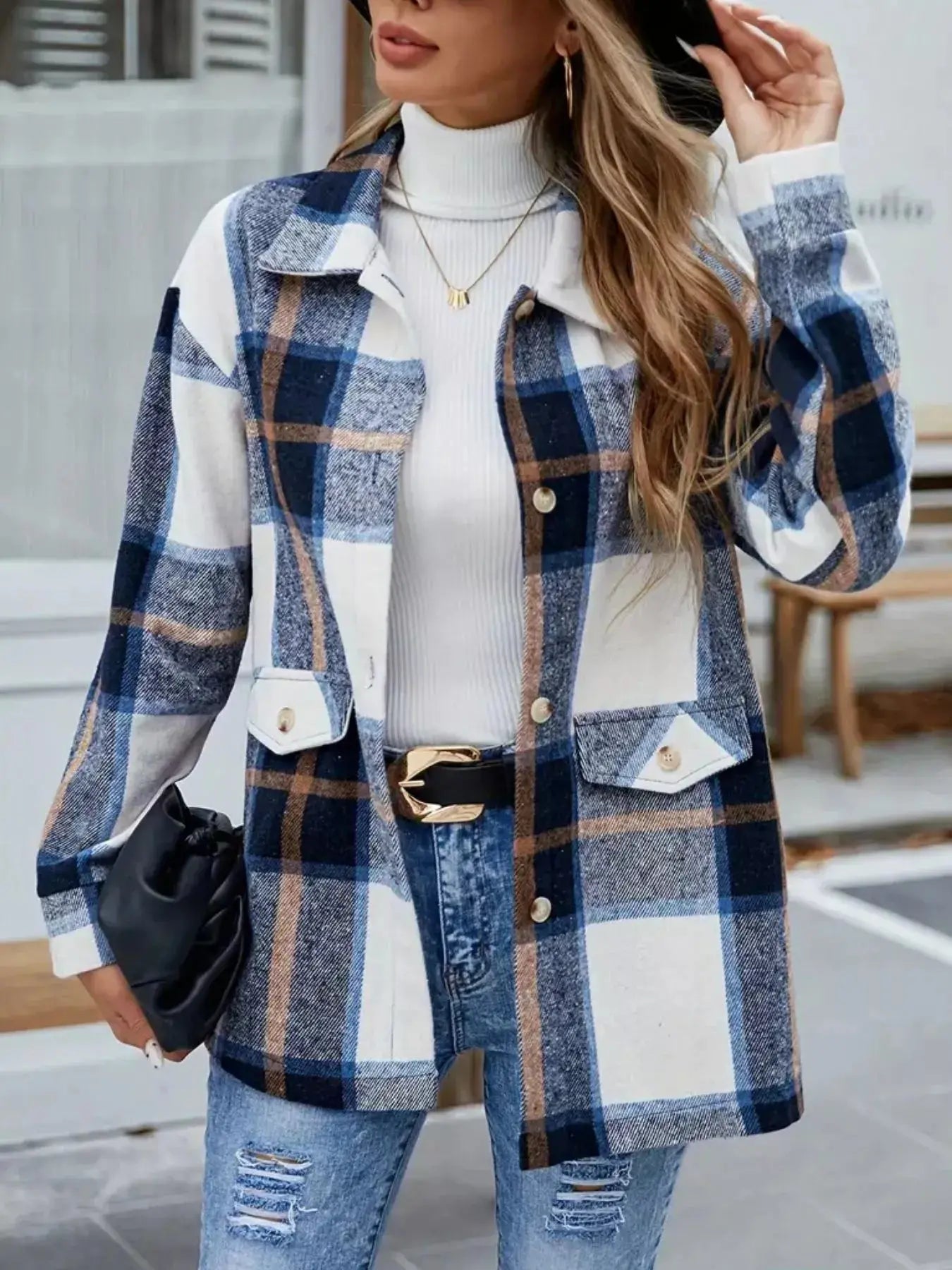 Plaid Button-Up Long Sleeve Shacket Simply Love