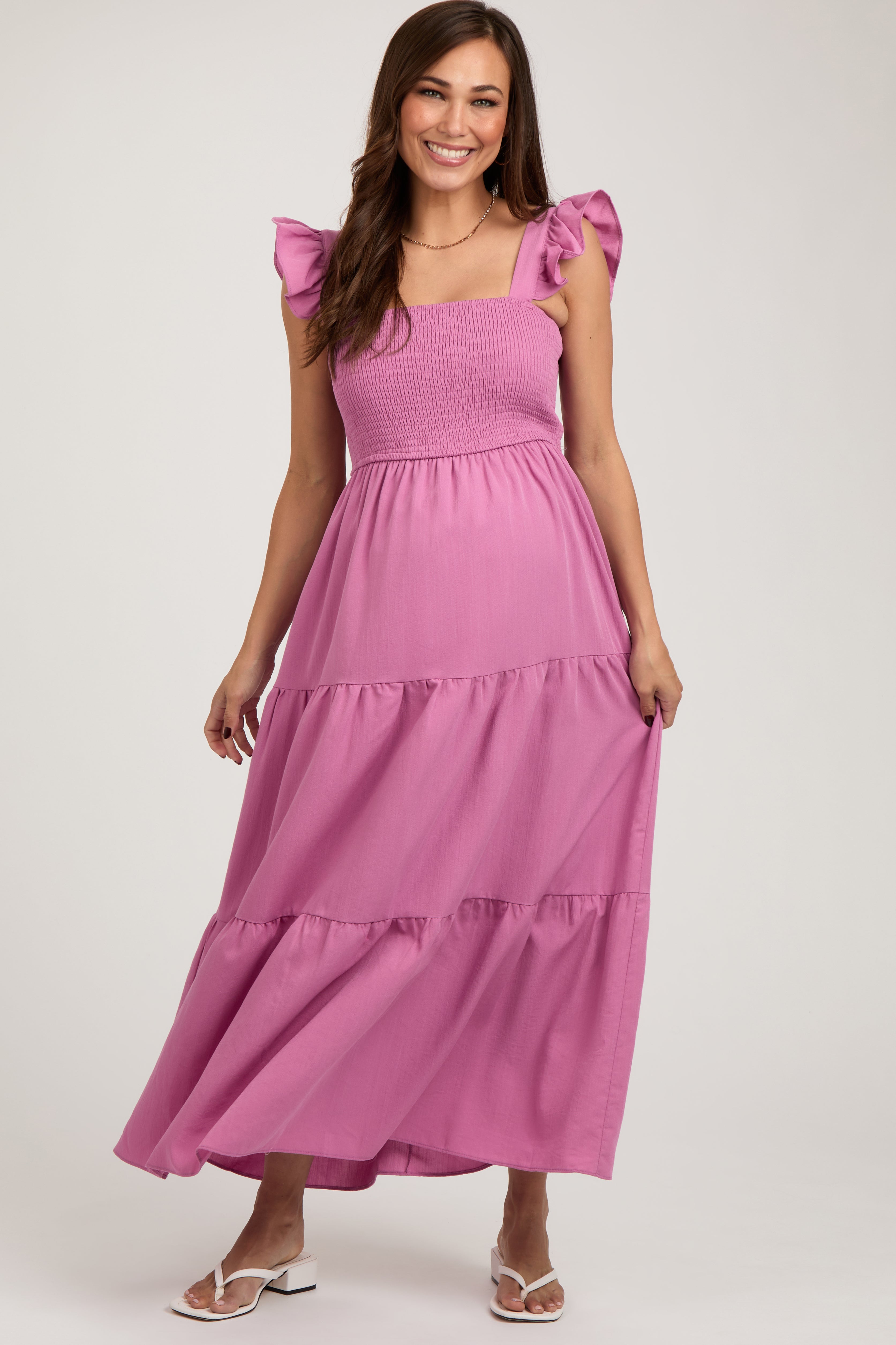 Mauve Sleeveless Smocked Tiered Maternity Maxi Dress PinkBlush