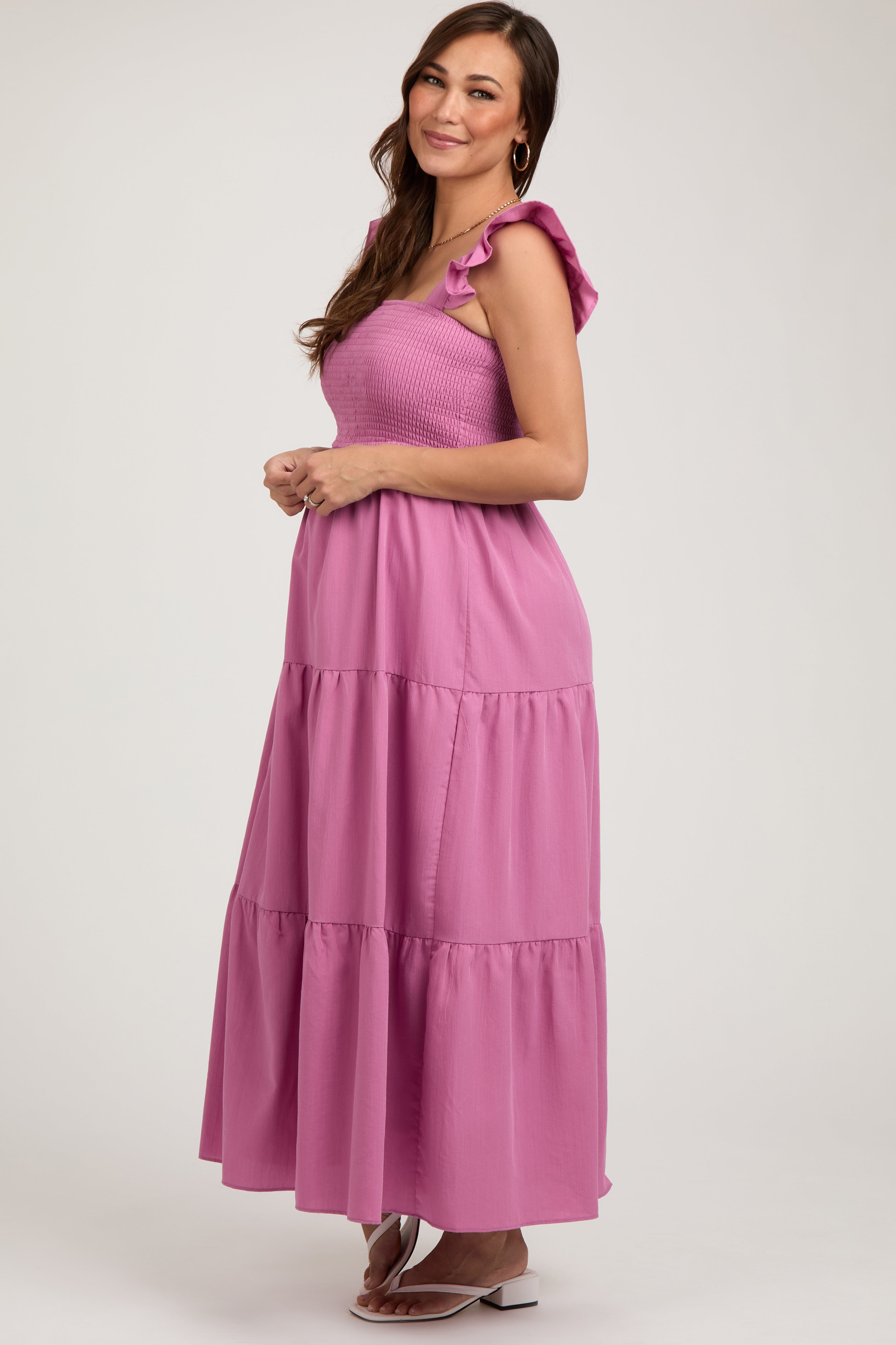 Mauve Sleeveless Smocked Tiered Maternity Maxi Dress PinkBlush