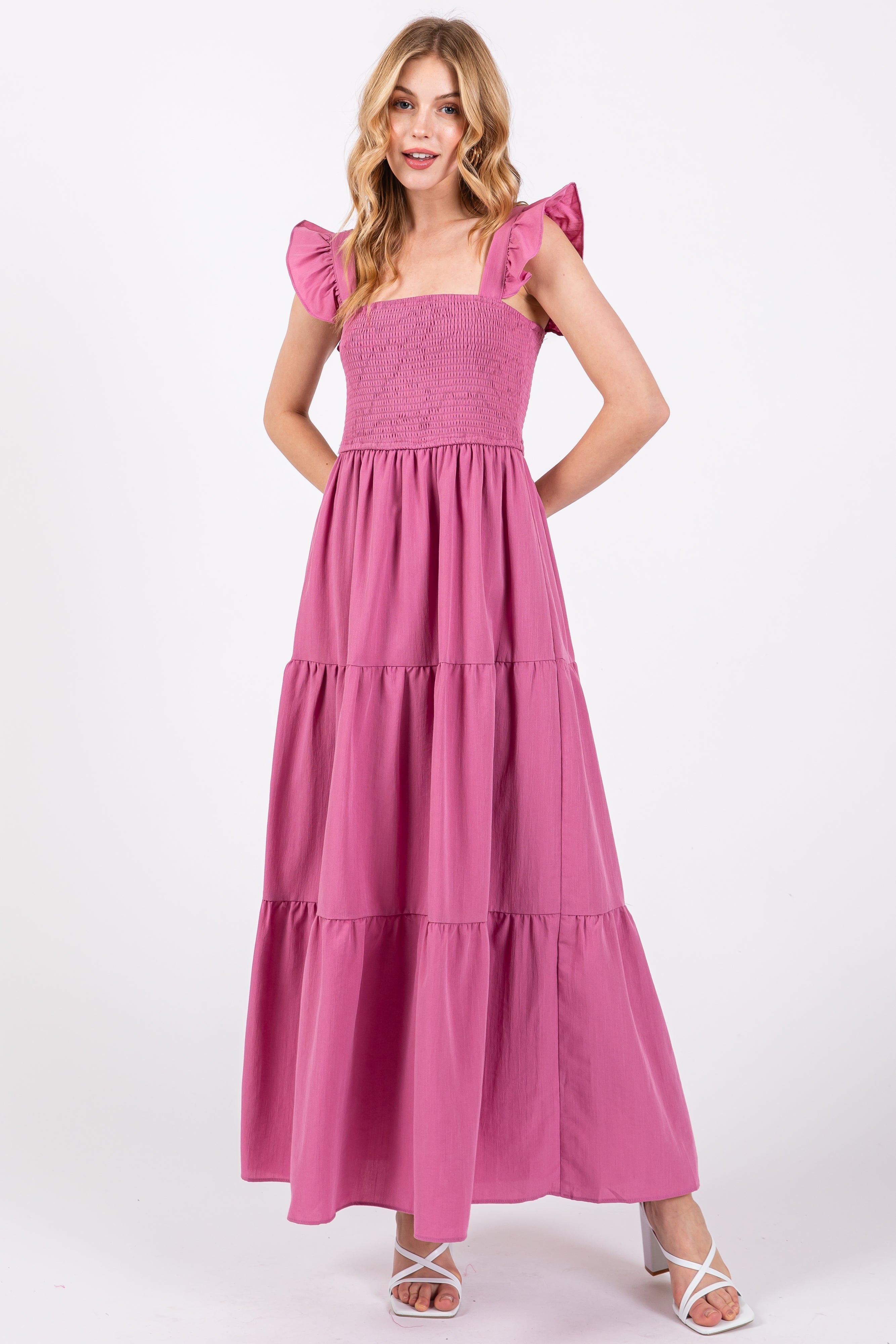 Mauve Sleeveless Smocked Tiered Maternity Maxi Dress PinkBlush