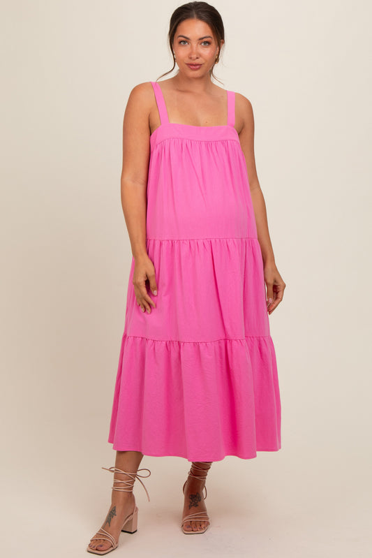 Pink Tiered Maternity Midi Dress PinkBlush